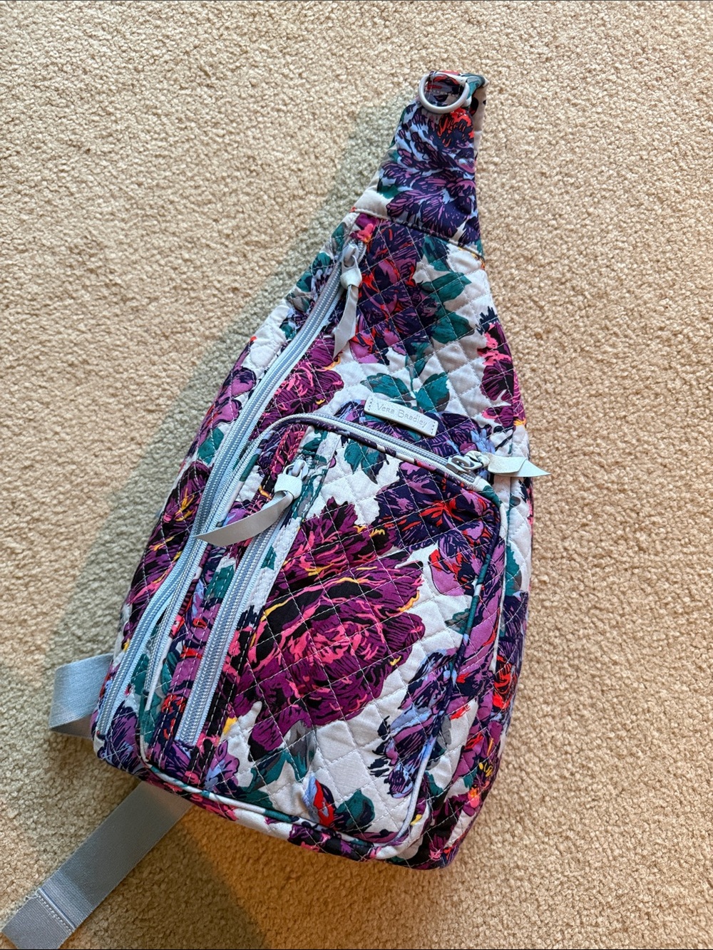 Vera Bradley Sling Backpack Lavender & Red Flowers Outside Zipper Wallet Pocket